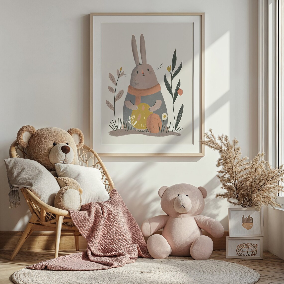 Gray Bunny in Orange Scarf Holding Easter Egg Minimal Kids Poster - Image 4