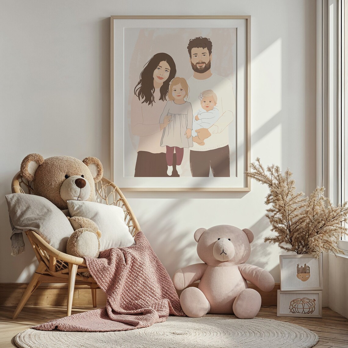 Family Of Four Minimalist Portrait Mom Dad Baby Daughter Neutral Print - Image 3