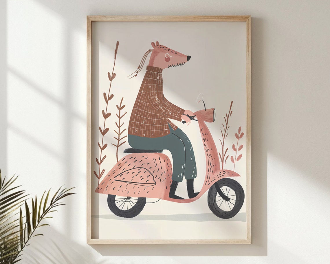 Whimsical Animal Riding Pink Scooter Nursery Poster Playful Kids Art - Image 6