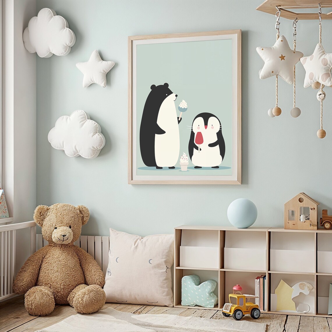 Black Bear Penguin Ice Cream Treats Mint Background Kids Art Poster - Image 2