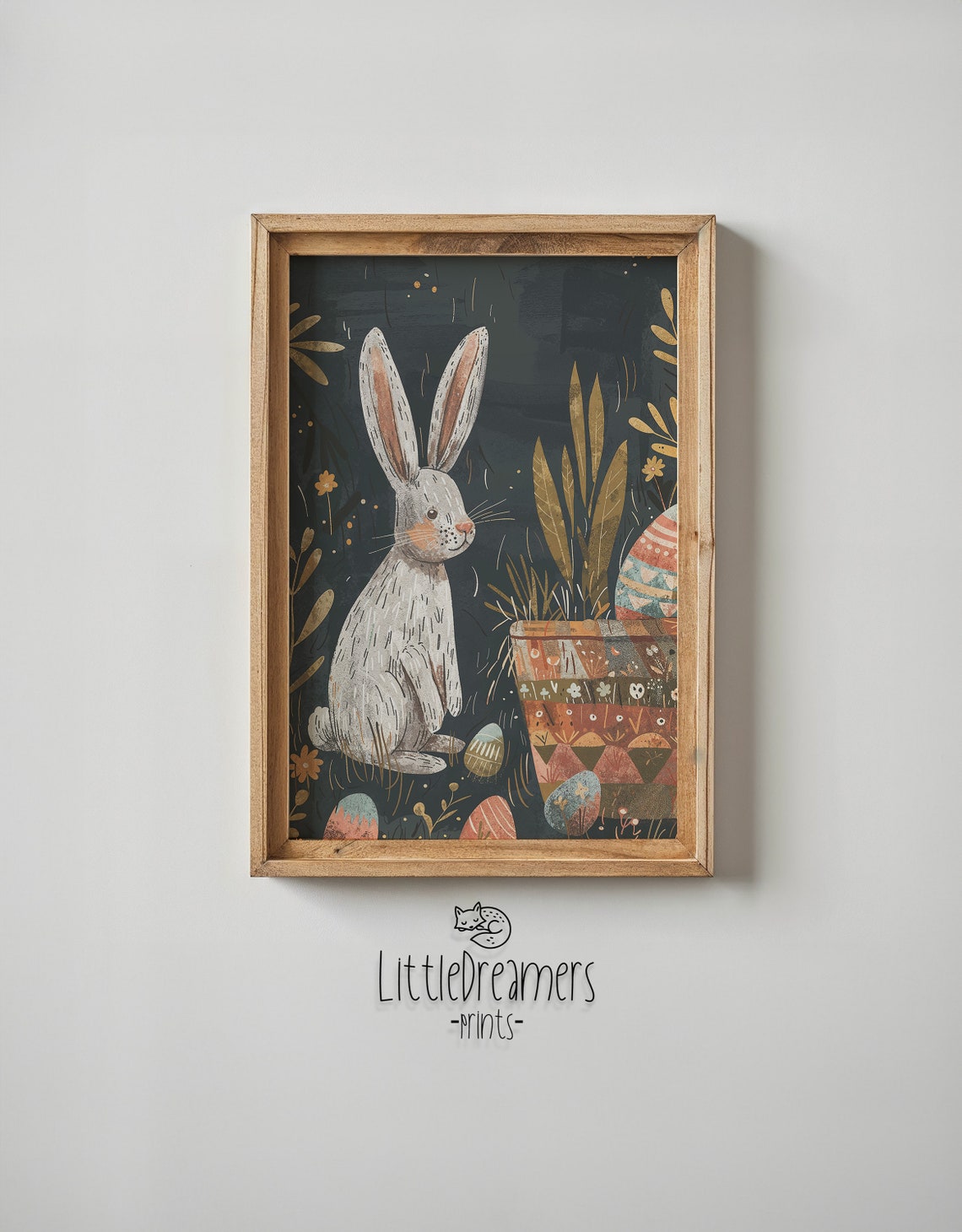 White Bunny Patterned Egg Pot Golden Garden Dark Nursery Poster