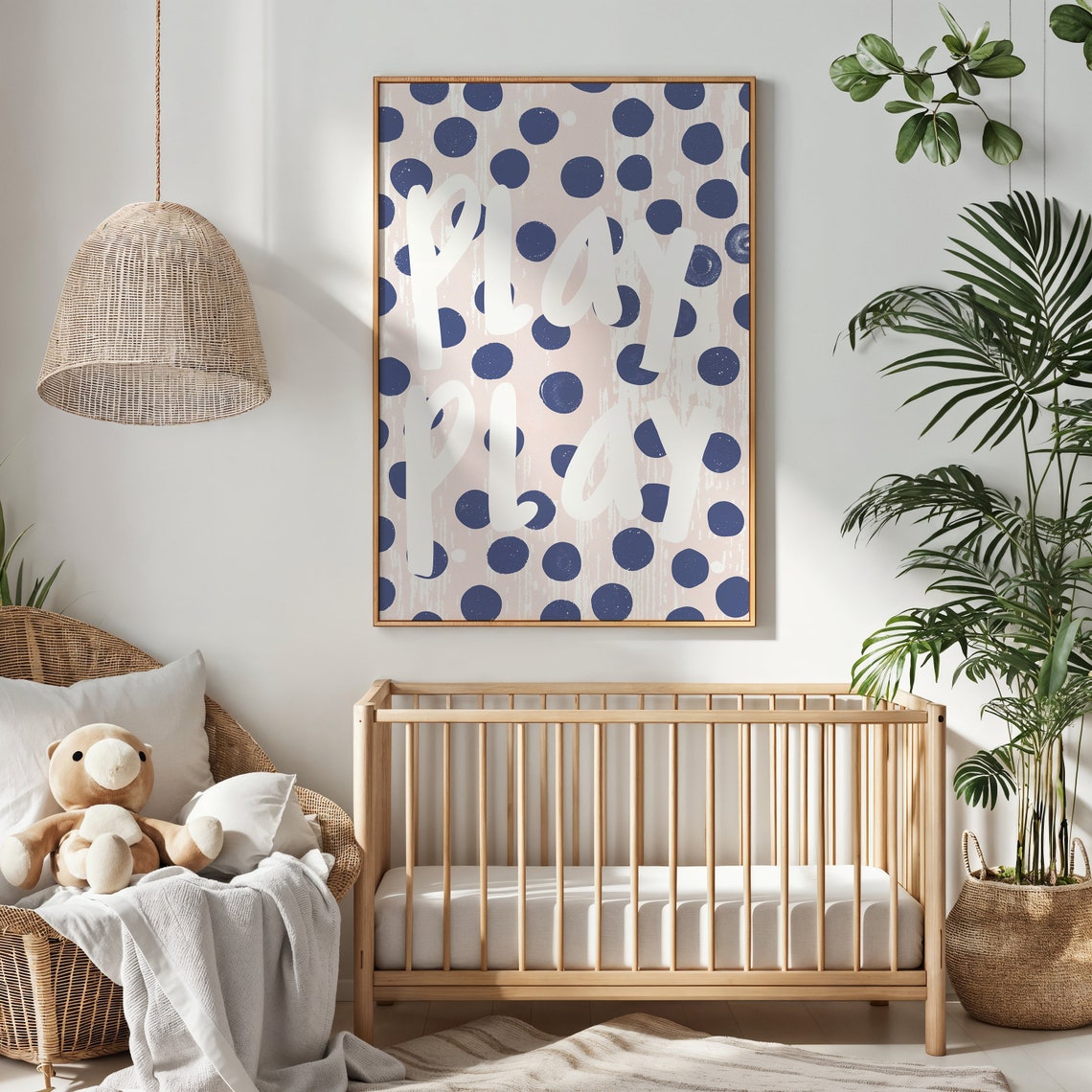 Play Play White Script Navy Polka Dot Kids Room Nursery Print - Image 3