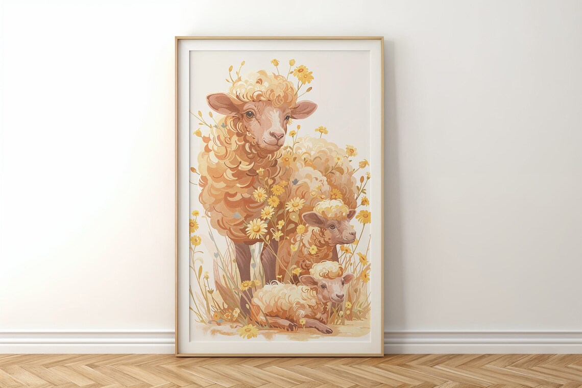 Sheep And Lambs Among Yellow Wildflowers Farm Watercolor Art Print - Image 6