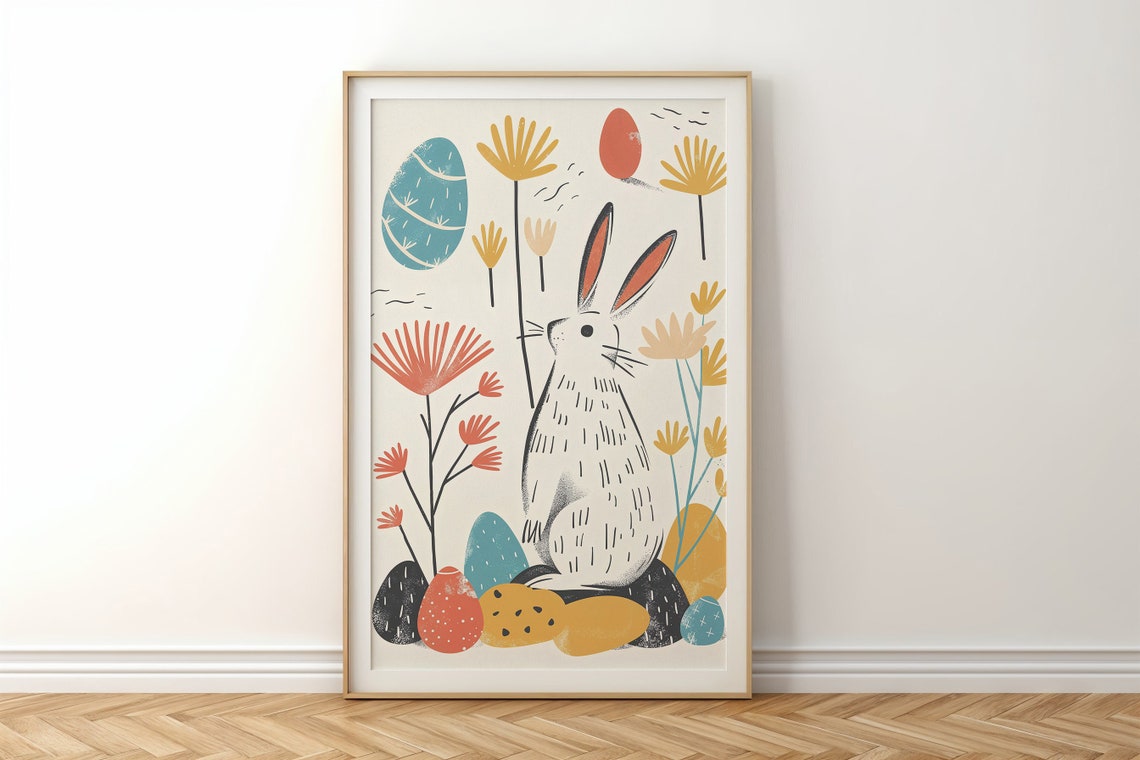 Tall Bunny Silhouette Wildflowers Colorful Eggs Scandinavian Poster - Image 5