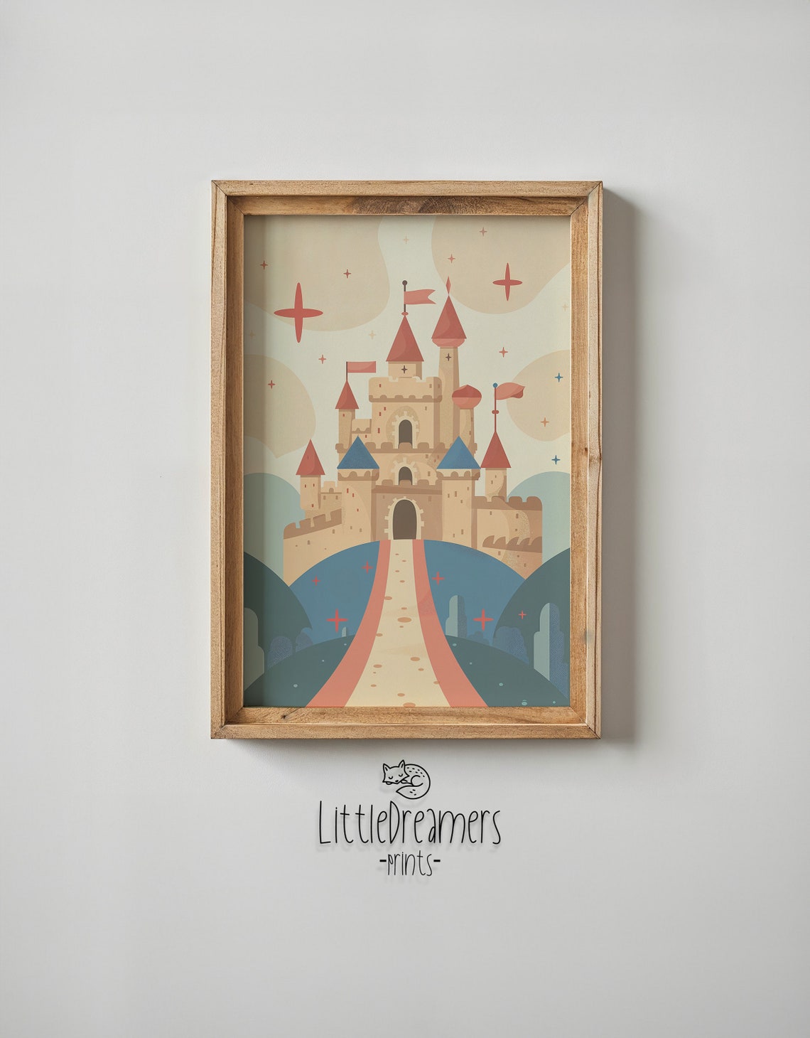 Fairytale Castle Red Blue Spires Coral Road Muted Retro Kids Poster - Image 5
