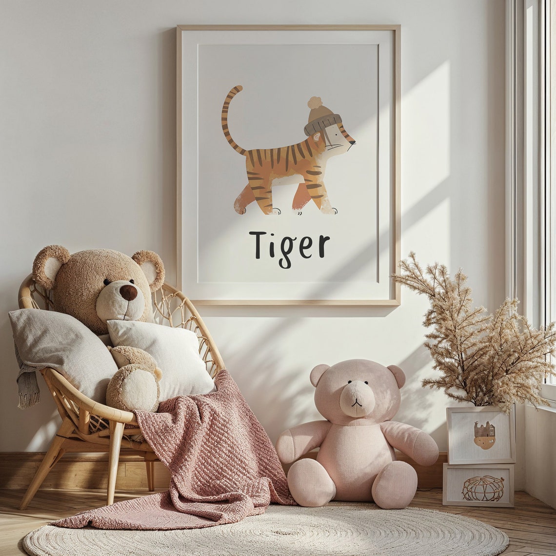Tiger Wearing Pom Beanie Hat White Kids Nursery Bedroom Art Poster - Image 3