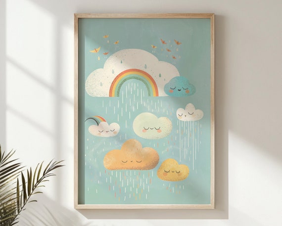 Smiling Clouds And Rainbow Nursery Wall Art Kids Room Decor Cute Weather Poster Art Baby Room Decor Gift Instant