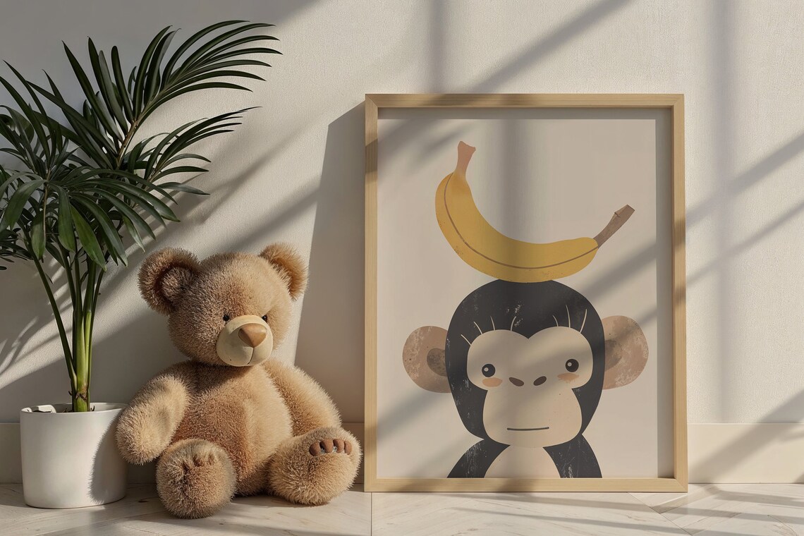Monkey And Banana Nursery Animal Poster, Neutral Tones - Image 6