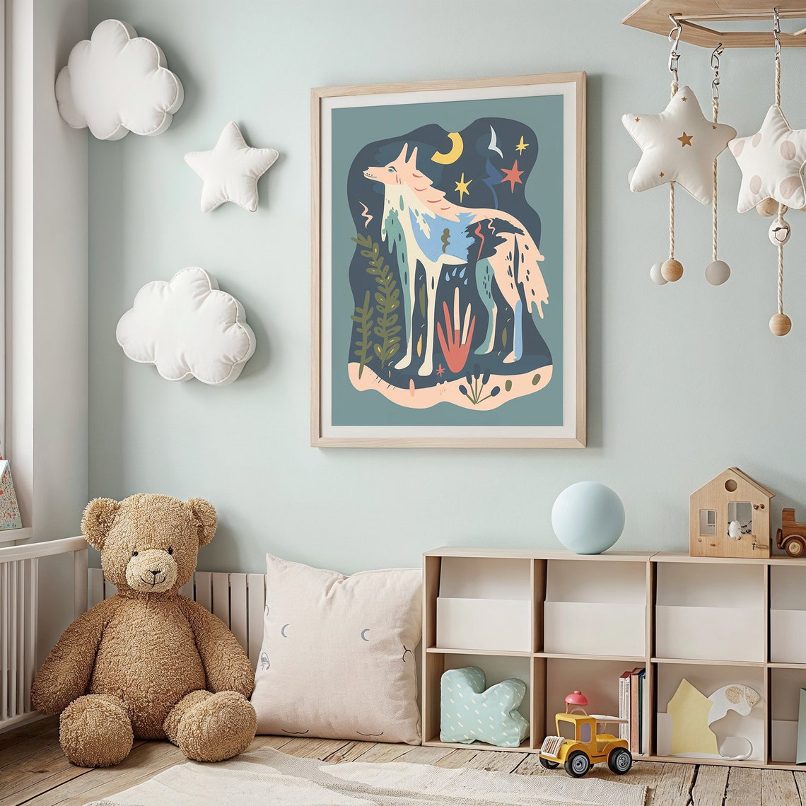 White Wolf Moonlight Stars Celestial Folk Art Animal Wall Poster - Image 2