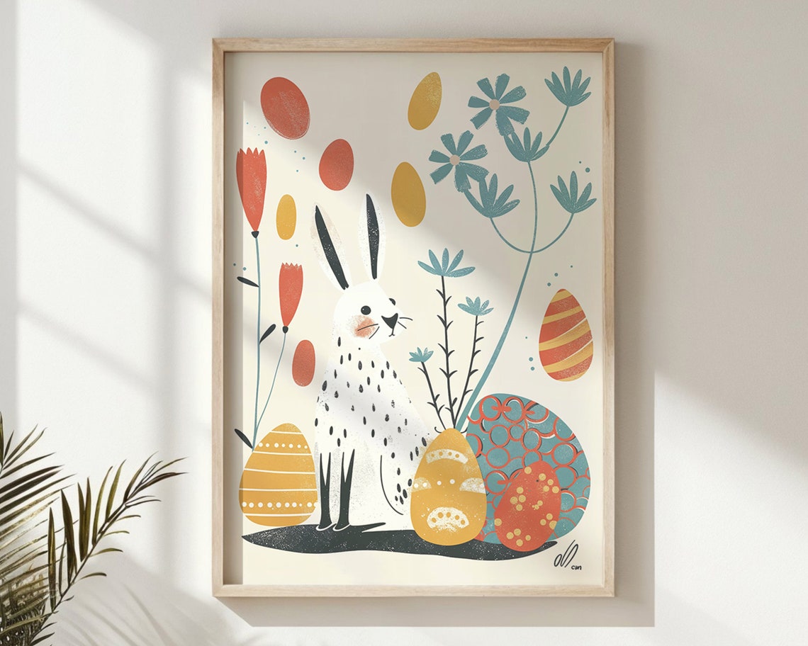 Easter Bunny Tulips Patterned Eggs Mid Century Kids Room Poster