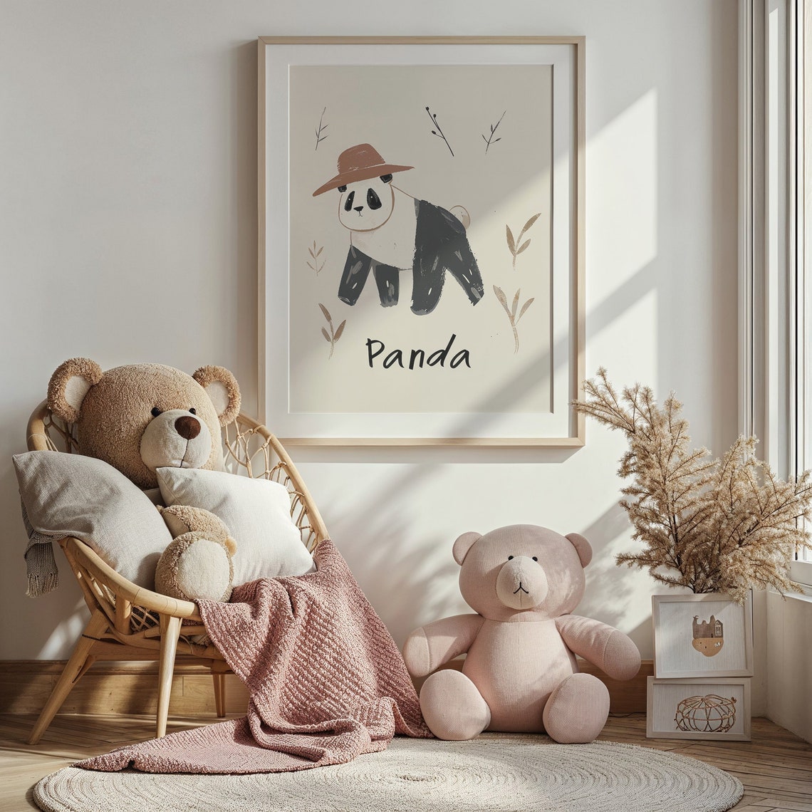 Panda Wearing Brown Hat Neutral Botanical Nursery Kids Room Art Poster - Image 3
