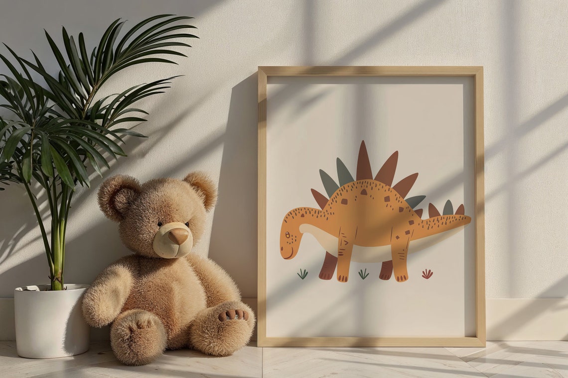 Cute Orange Stegosaurus Dinosaur Illustration Kids Room Nursery Poster - Image 6