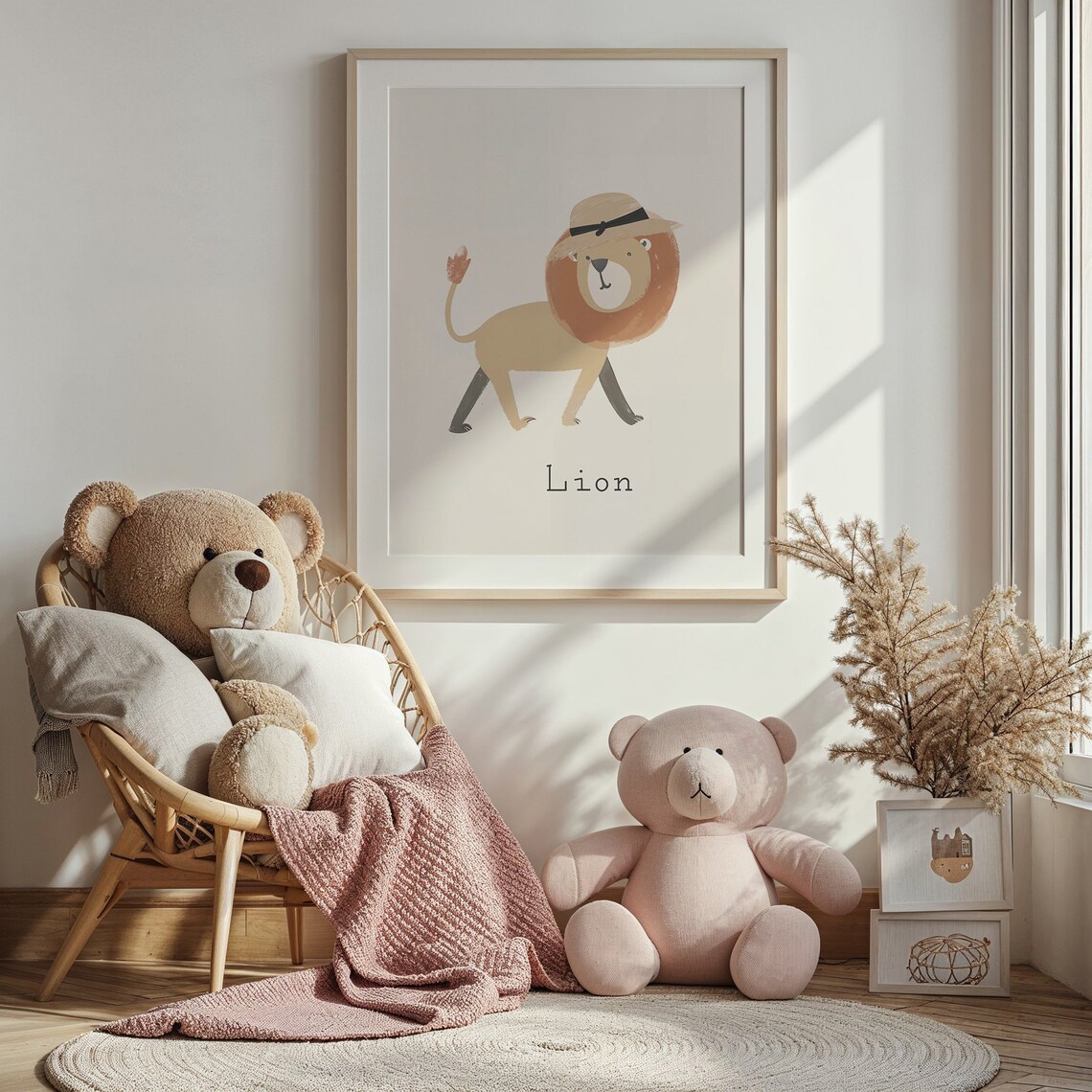 Lion Wearing Safari Hat Gray Background Kids Nursery Bedroom Art Poster - Image 3