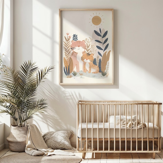 Tiger And Cub Nursery Poster Sun Grassland Playful Kids Room Art