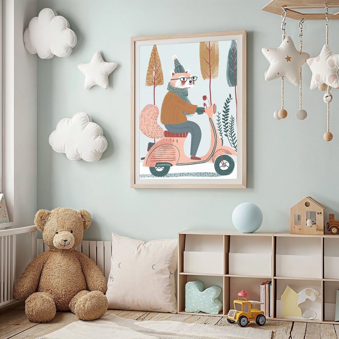 Fox Riding Pink Scooter Nursery Poster Glasses Hat Playful Kids Art - Image 2