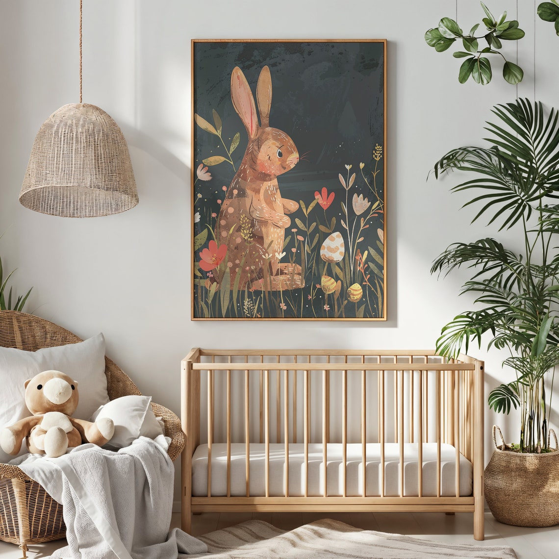 Brown Bunny Standing Dark Meadow Daisies Easter Eggs Folk Poster - Image 2