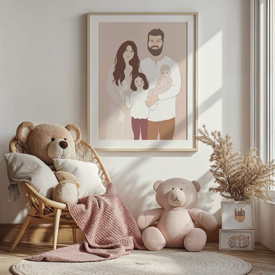 Family Of Four Line Art Portrait Mom Dad Baby Daughter Beige Wall Art - Image 3
