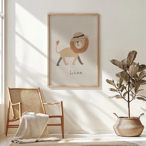 Lion Wearing Safari Hat Gray Background Kids Nursery Bedroom Art Poster