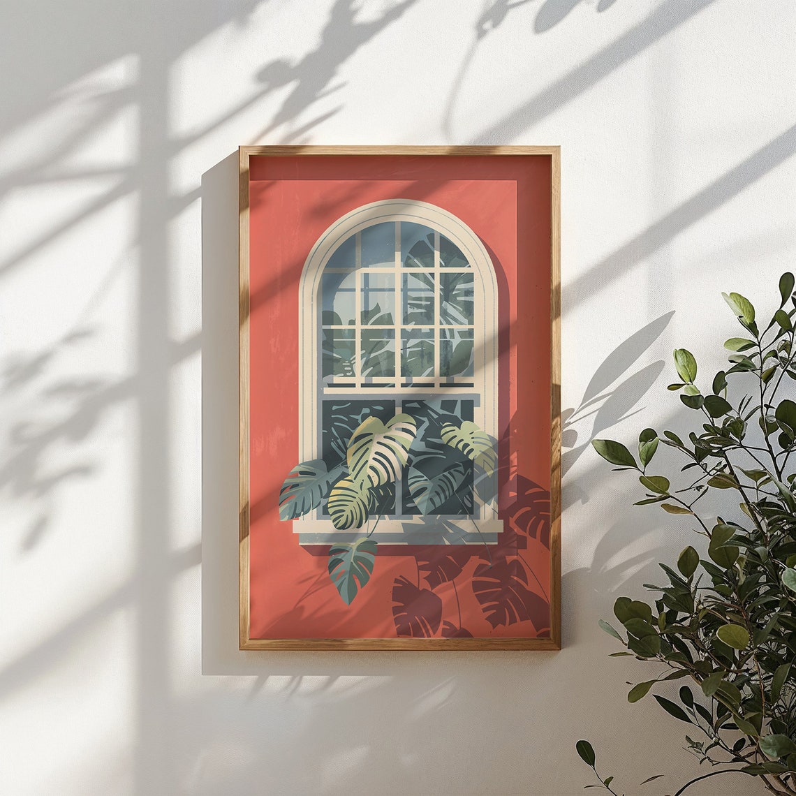 Monstera Leaves Arched Window Shadow Play Terracotta Botanical Poster - Image 3