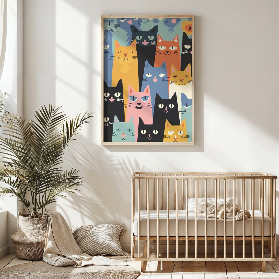 Colorful Cartoon Cat Faces Crowd Pattern Playful Kids Animal Art Print