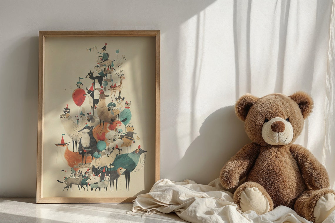 Whimsical Stacked Animals Tower Party Hats Vintage Kids Poster - Image 3