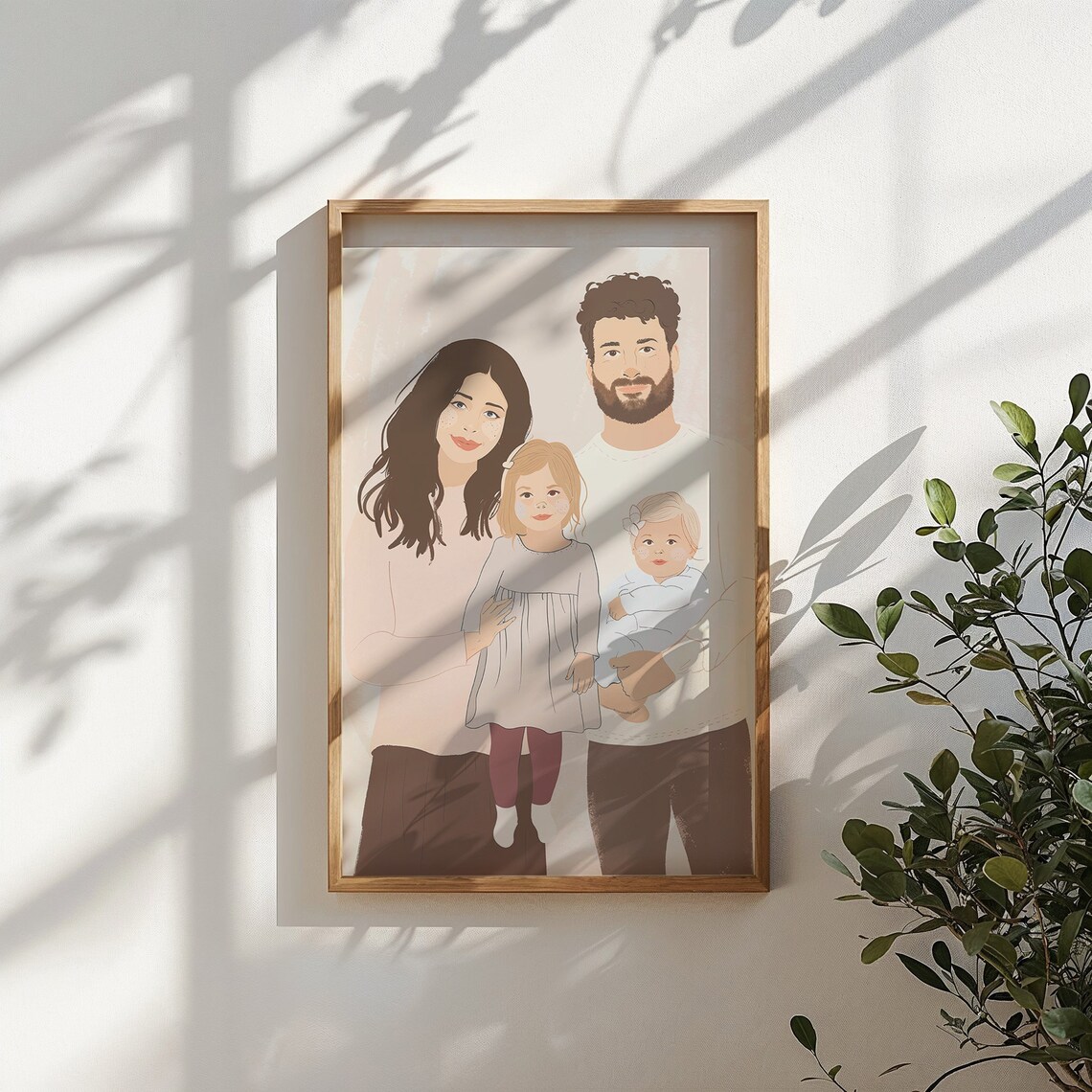 Family Of Four Minimalist Portrait Mom Dad Baby Daughter Neutral Print - Image 4