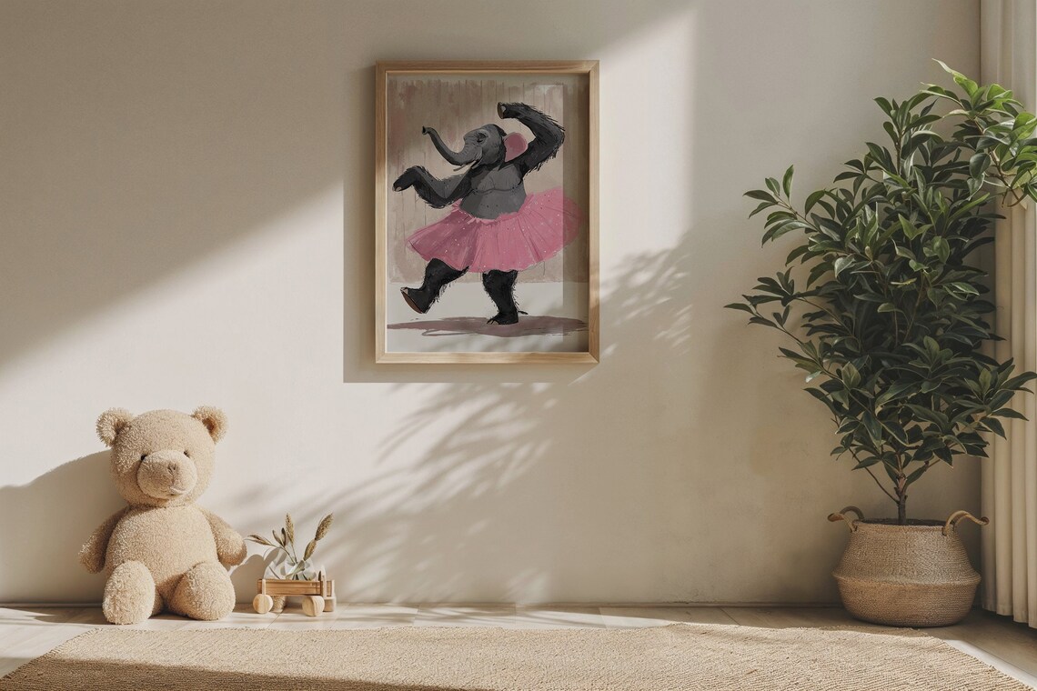 Whimsical Elephant Ballet Dancer Pink Tutu Kids Nursery Wall Art Poster - Image 6