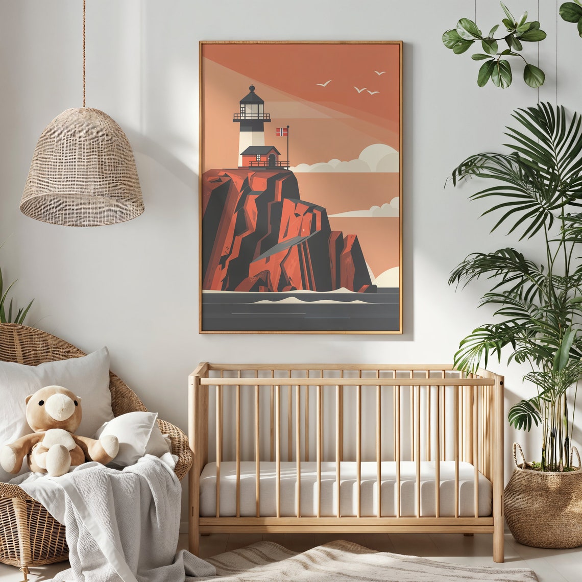 Black White Lighthouse Red Rocky Cliff Sunset Ocean Nursery Poster - Image 4