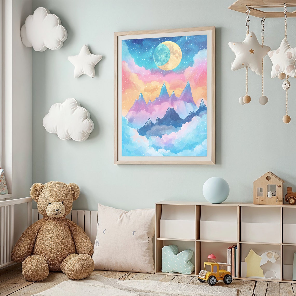 Moonlit Mountain Landscape Nursery Wall Art Kids Room Poster Fantasy Scenery Decor Dreamy Night Sky Gift - Image 2