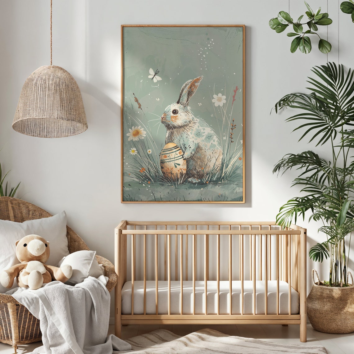 Gray Bunny Holding Painted Easter Egg With Daisies Vintage Art Print - Image 2