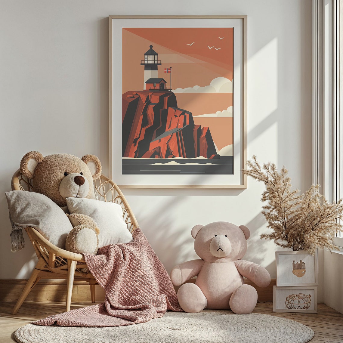 Black White Lighthouse Red Rocky Cliff Sunset Ocean Nursery Poster - Image 5