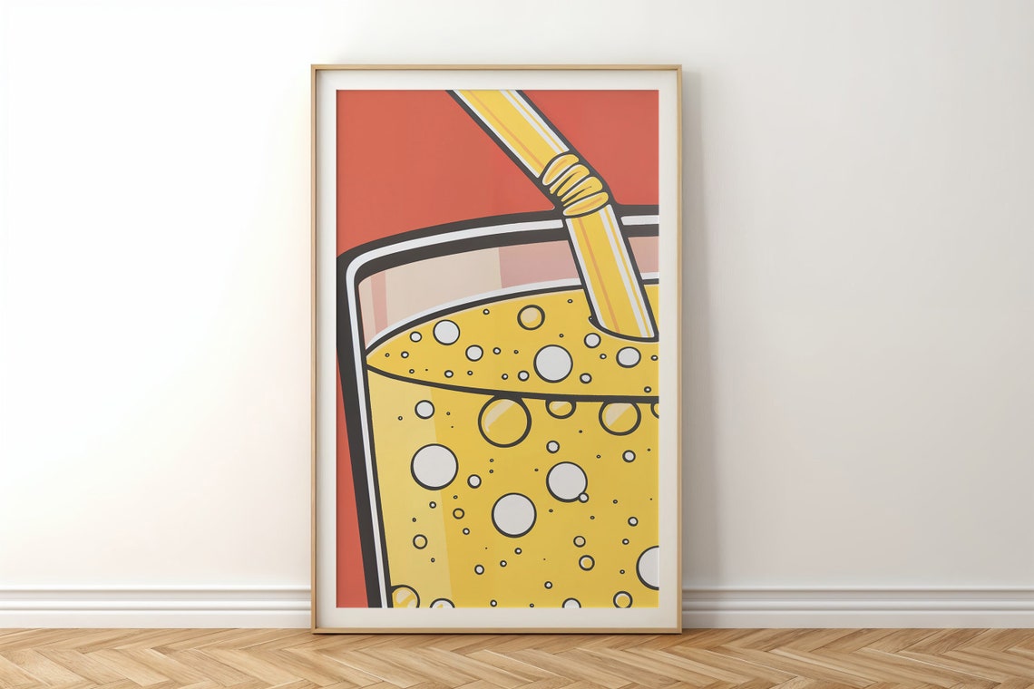 Pop Art Sparkling Juice Glass Poster Yellow Bubbles Retro Kitchen Art - Image 6