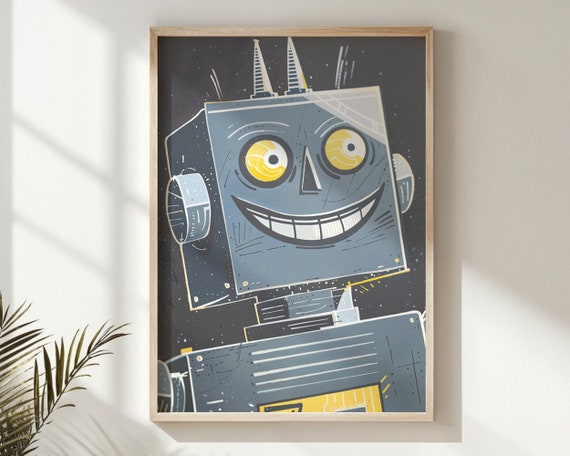 Nursery Wall Art Friendly Robot Kids Posters Modern Decor Educational Geometric Shapes Artwork Unique Baby Room Gift Instant