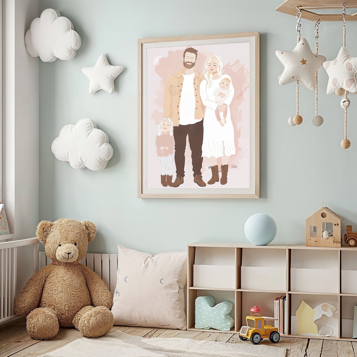 Family Of Four Watercolor Portrait Blush Neutral Custom Wall Art - Image 2
