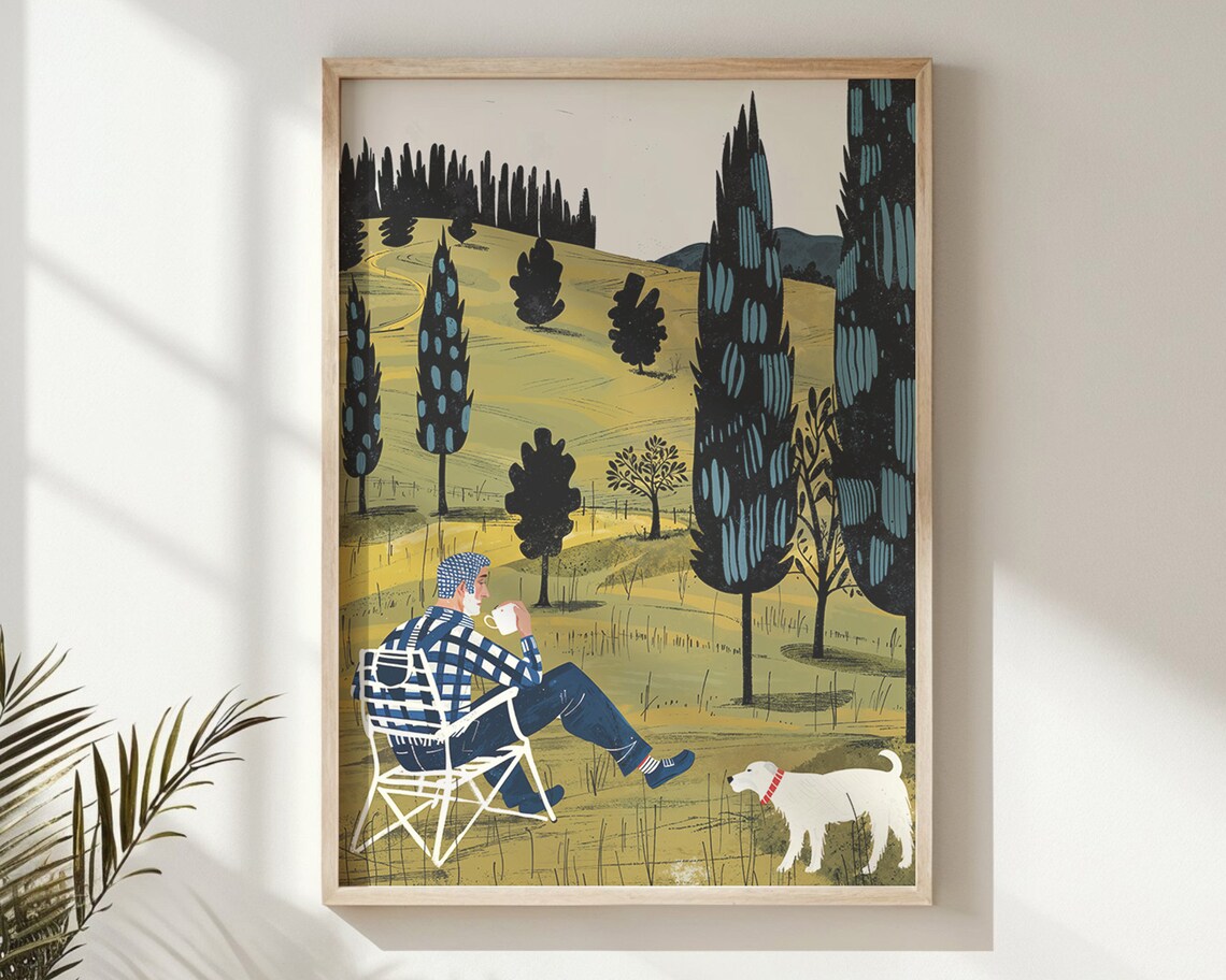 Man Coffee White Dog Cypress Hills Golden Countryside Wall Poster
