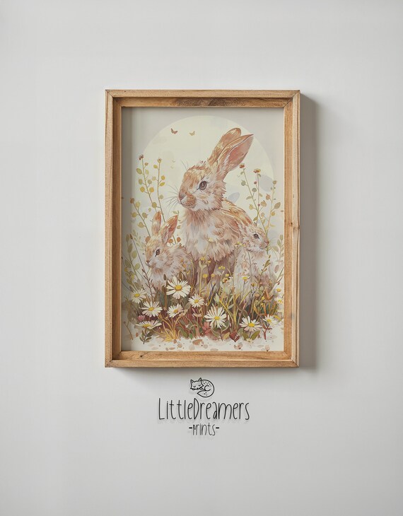 Spring Bunny Watercolor Rabbit With Daisies Floral Easter Art Print