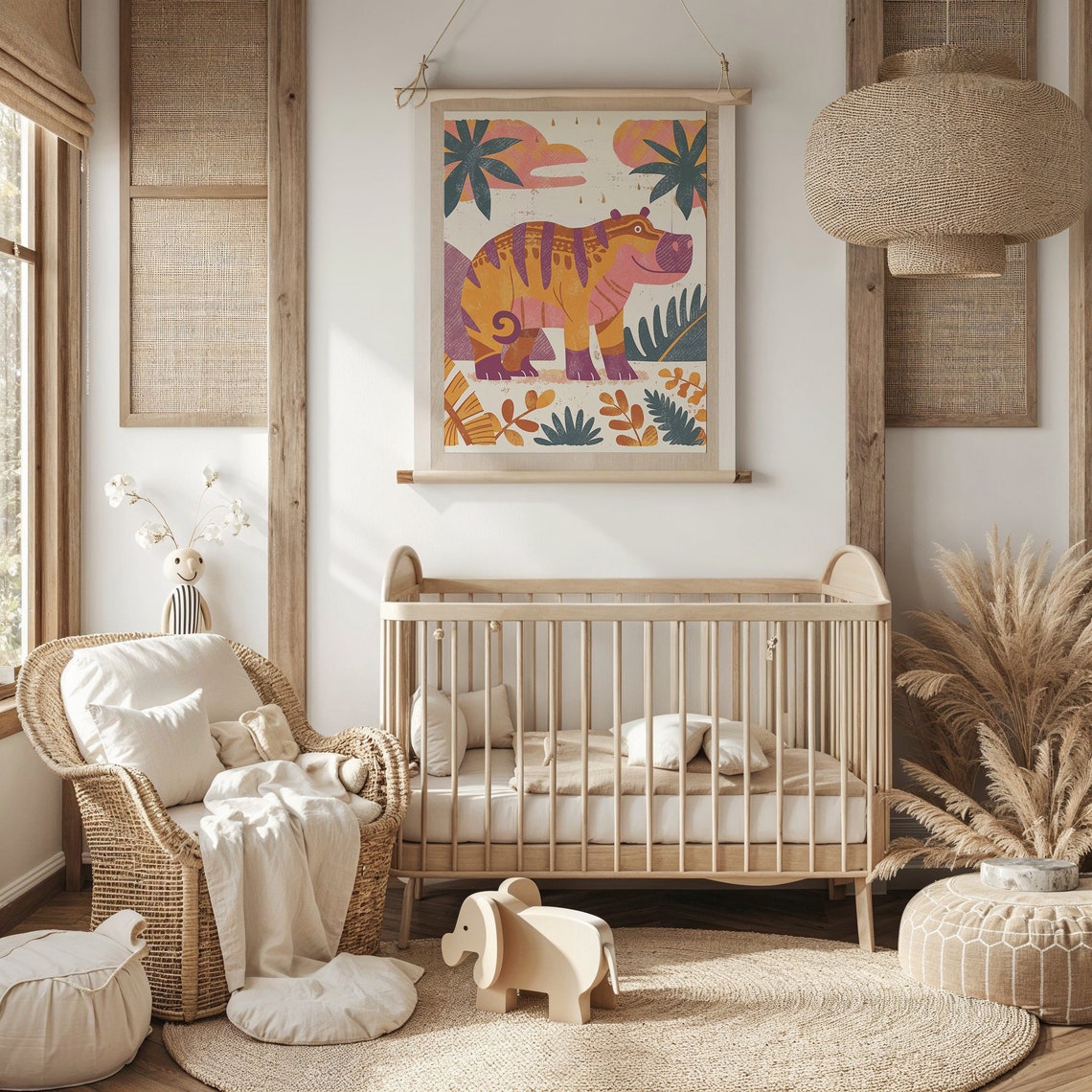 Colorful Patterned Hippo Among Tropical Plants Kids Room Poster - Image 3