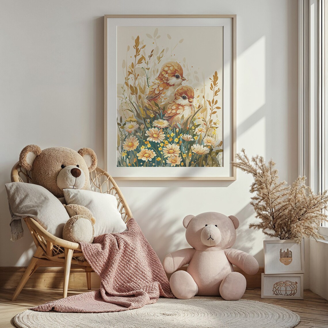 Two Baby Birds Daisy Meadow Watercolor Floral Spring Nursery Poster - Image 3