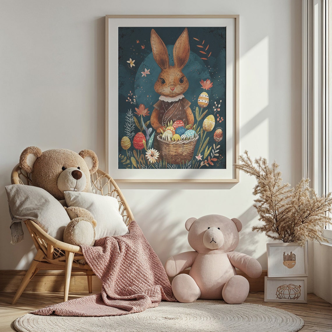 Brown Bunny Dress Collar Egg Basket Night Garden Storybook Poster - Image 3