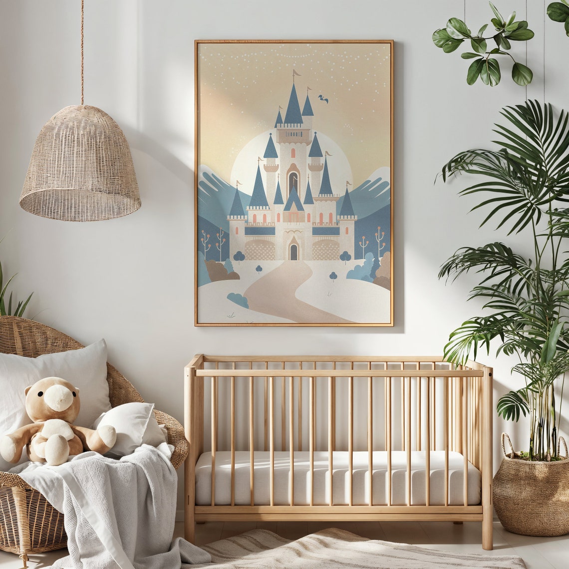 Blue Roofed Fairytale Castle Under Full Moon Winding Path Kids Poster - Image 2