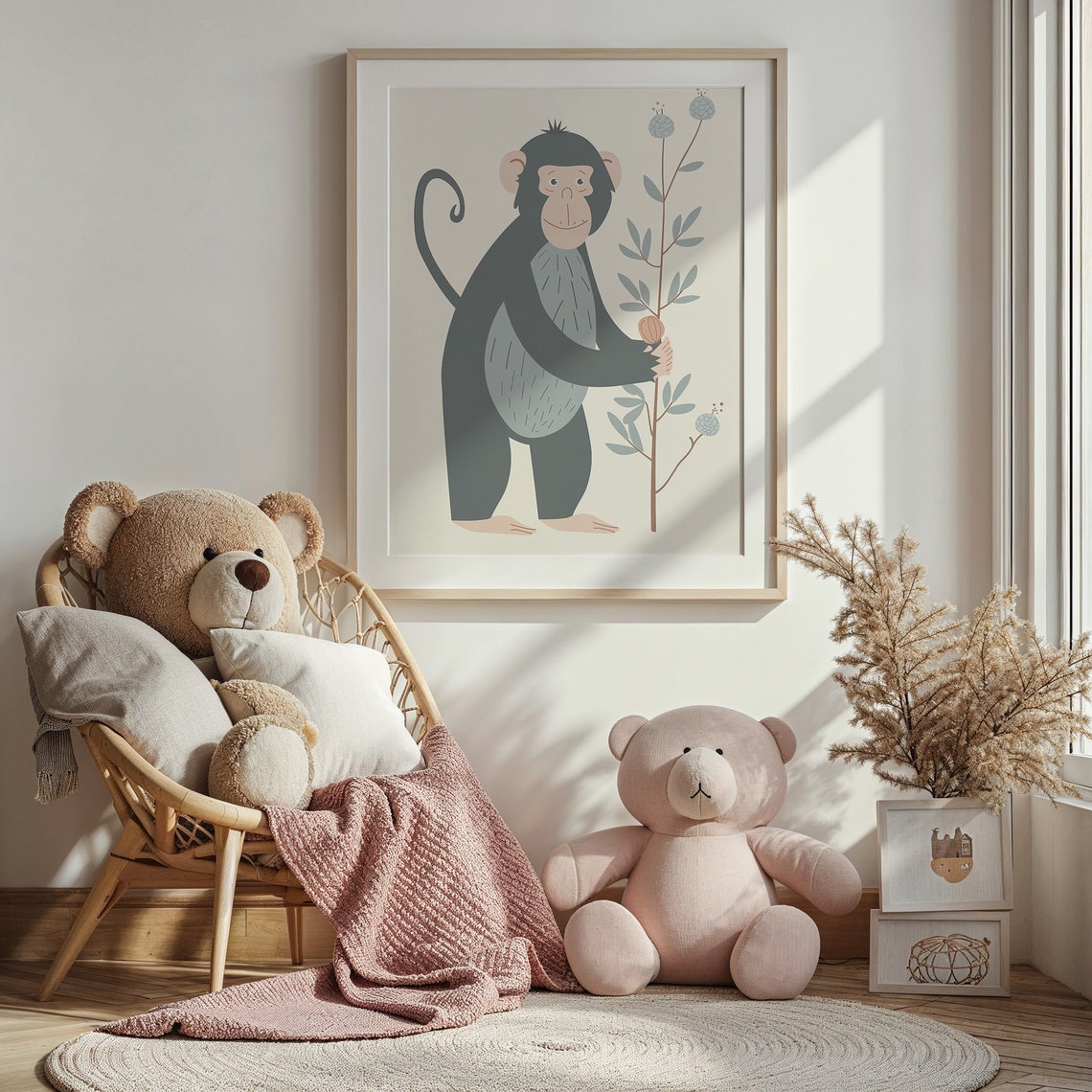 Smiling Monkey Holding Plant Branch Minimalist Nursery Wall Art Poster - Image 4