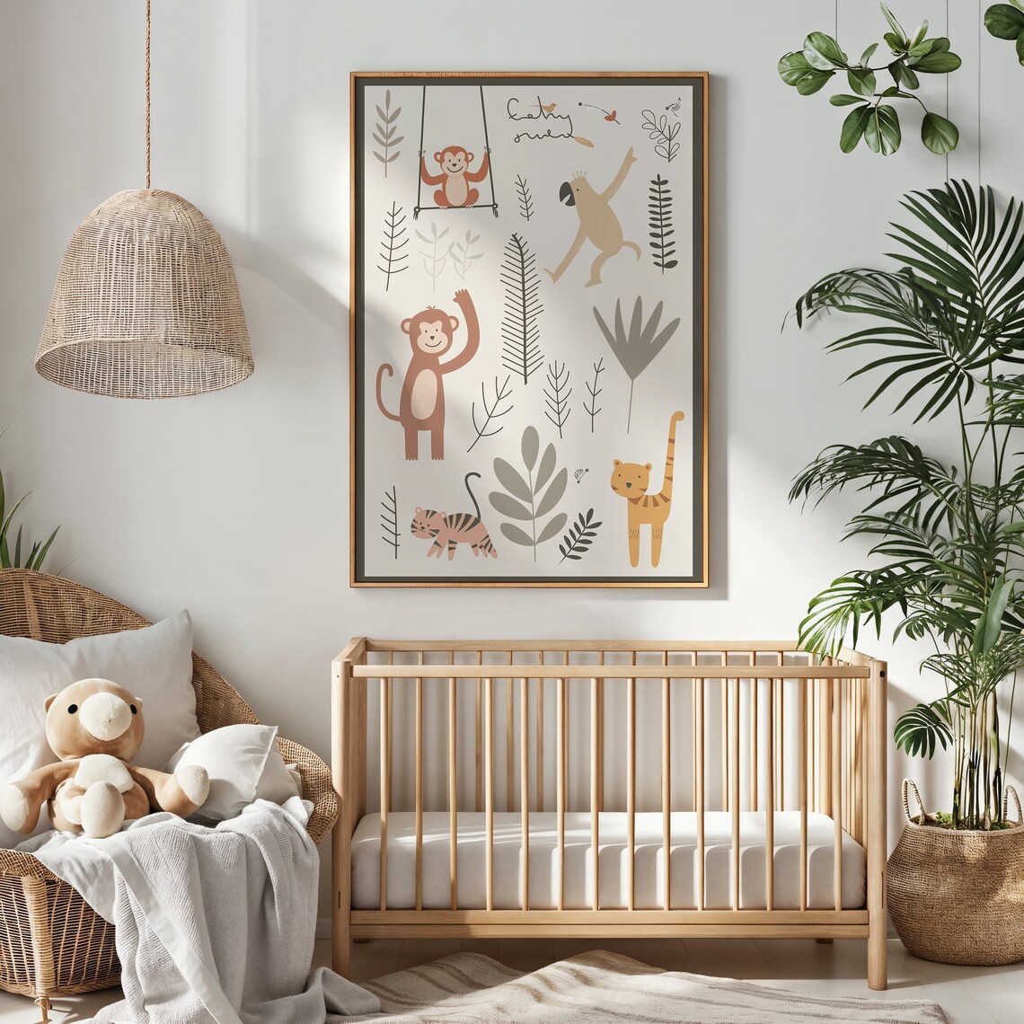 Jungle Monkeys Tigers Nursery Poster Botanical Leaves Kids Safari Art - Image 2