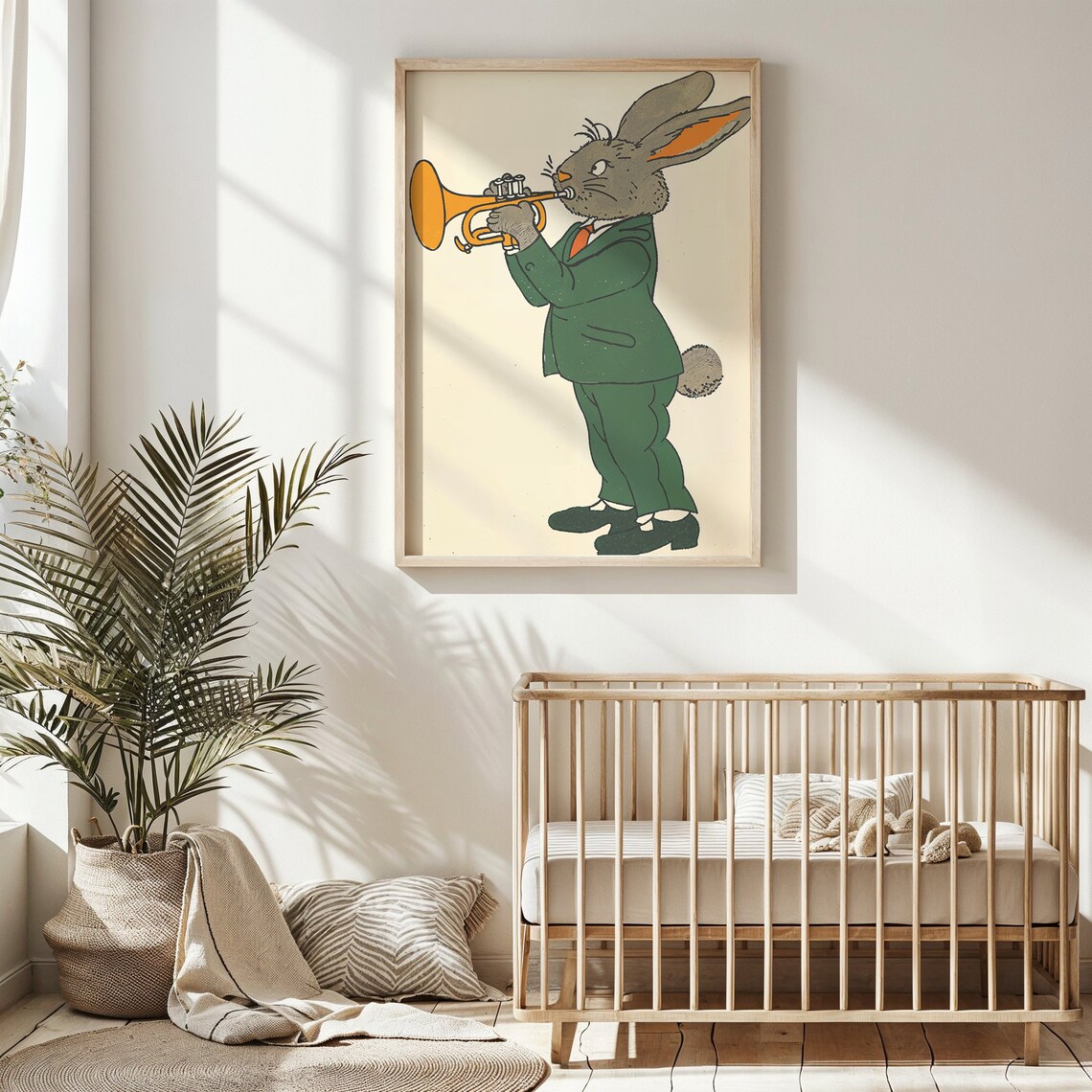Bunny Playing Orange Trumpet Green Suit Kids Music Wall Art Poster