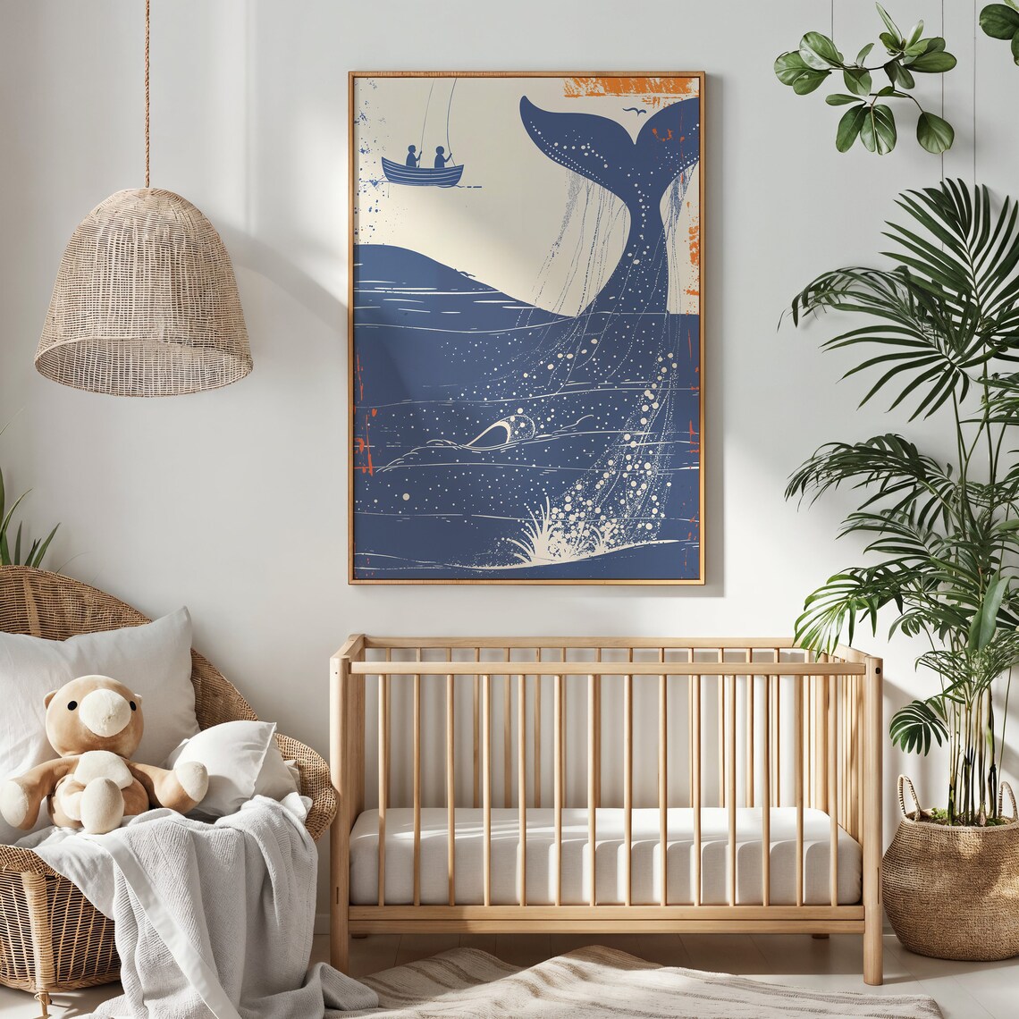 Whale Tail Diving Fishing Boat Deep Blue Orange Nautical Art Poster - Image 4