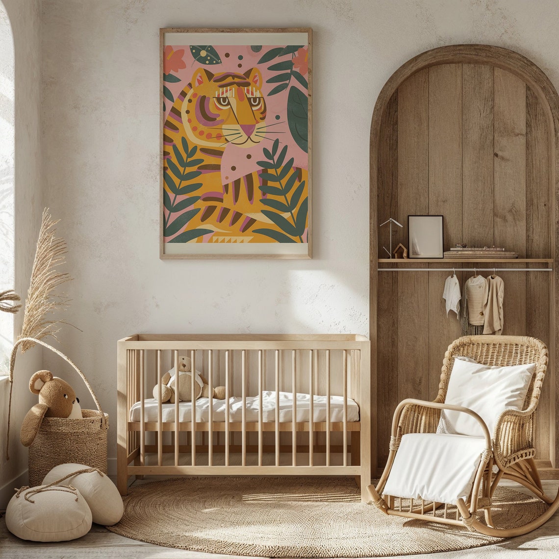 Stylized Orange Tiger Pink Jungle Foliage Bold Nursery Poster - Image 4