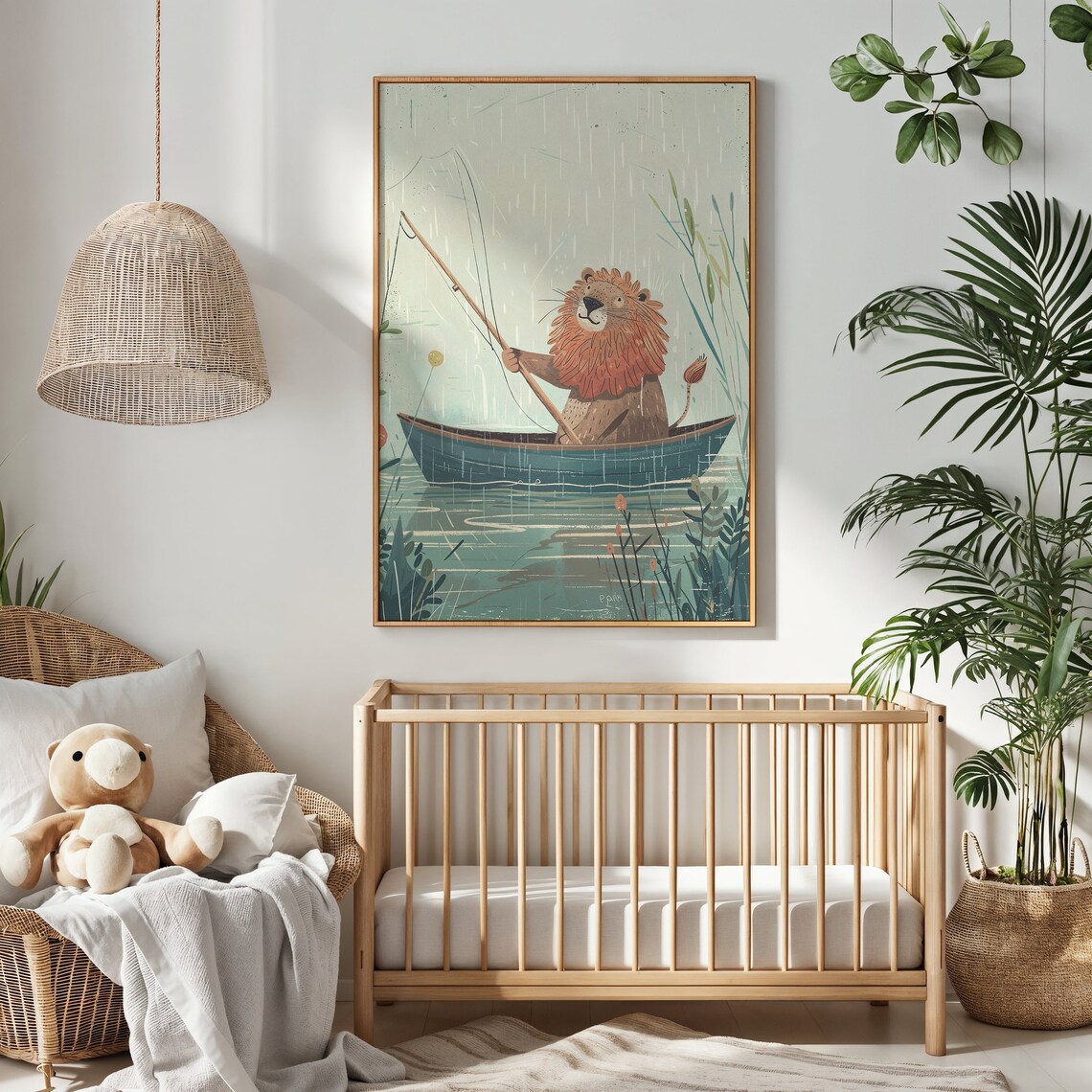 Lion Fishing From Boat Whimsical Lake Illustration Kids Wall Art Poster - Image 4