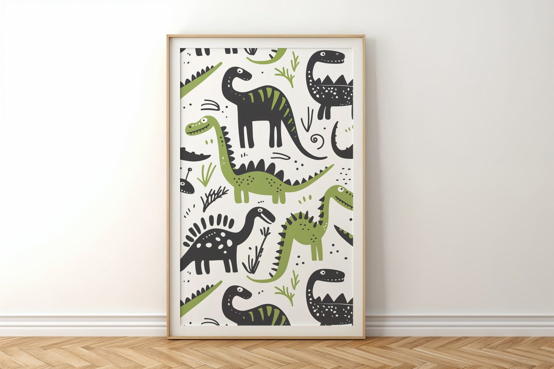 Doodle Dinosaur Pattern Green Black Long Neck Kids Room Nursery Poster - Image 6