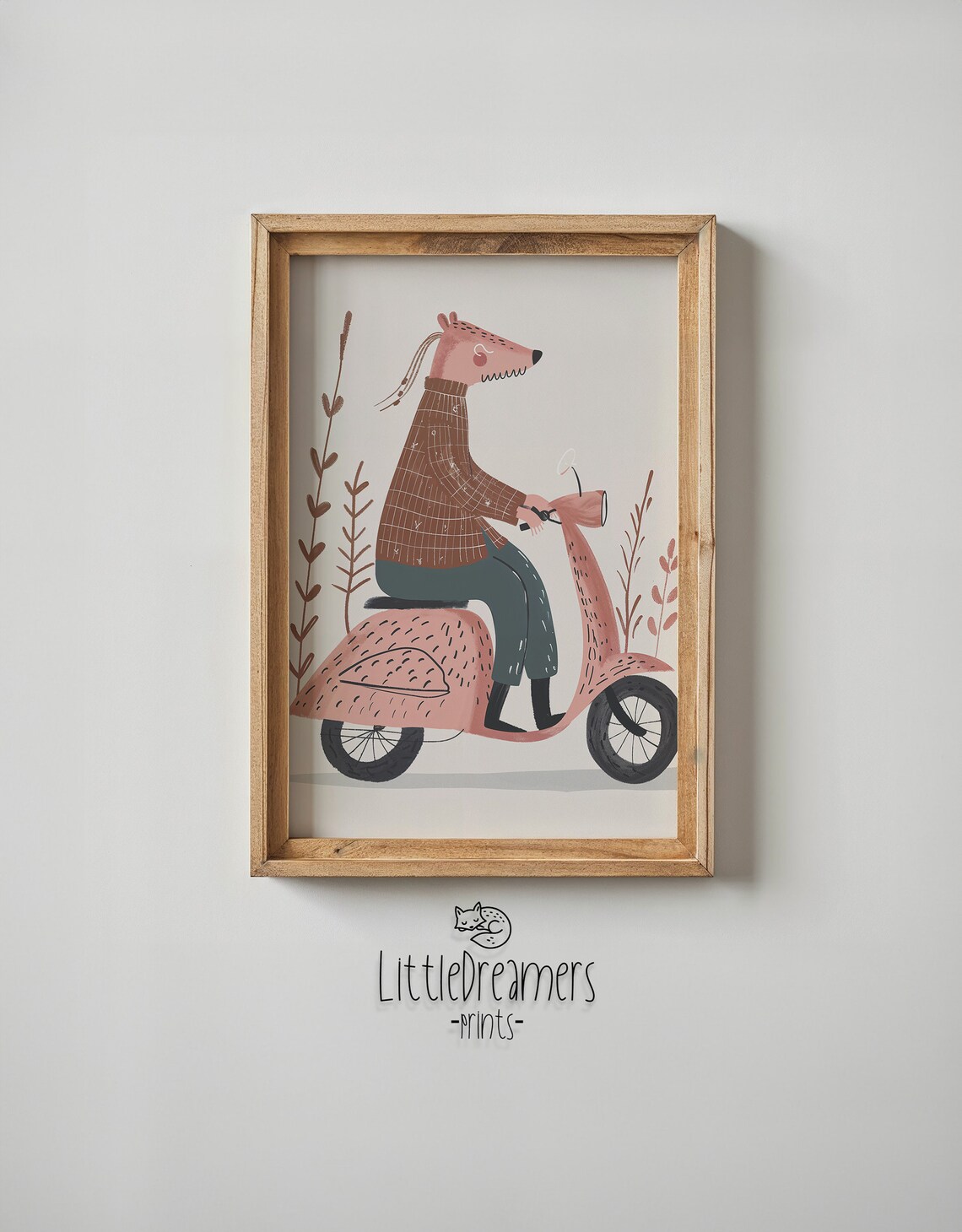 Whimsical Animal Riding Pink Scooter Nursery Poster Playful Kids Art - Image 5
