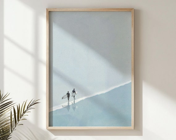 Surfer Duo Beach Print Nursery Wall Art Coastal Kids Room Poster Ocean Theme Art Modern Seaside Decor Gift For Surfer Family