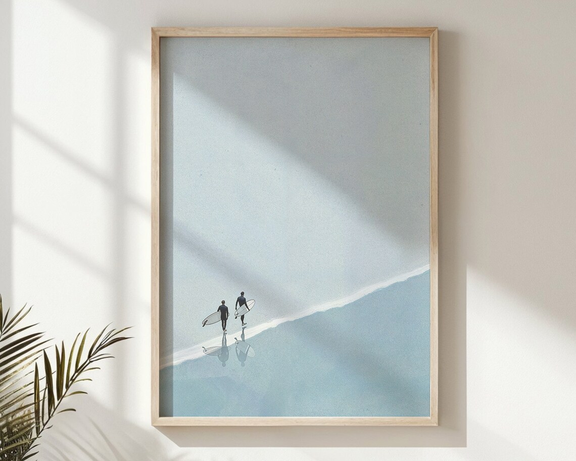 Two Surfers Shoreline Walk Aerial Minimalist Ocean Coastal Poster